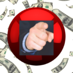 A picture of money with a red ball and a pointing hand