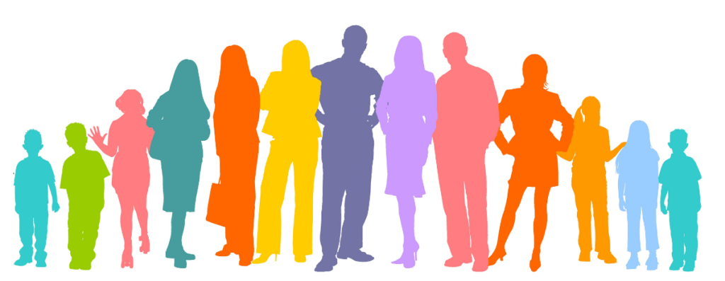 A cartoon picture of silouheted people in bright colours to represent community and the Middlesbrough Community Lottery