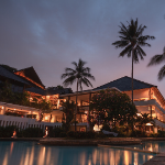 I used this picture to represent a luxury lifestyle from getting rich. It shows a picture of a sprawling mansion in somewhere like LA. It has has a swimming pool in front of it and behind it, above the roof, you can see palm trees. It's dusky evening and it looks amazing.